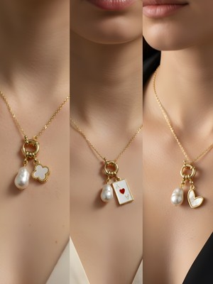 NKT Collection Beyaz Kalp Kupa As Beyaz Yonca Incili Kolye