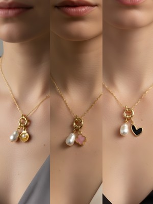 NKT Collection Siyah Kalp Pembe Yonca Midye Incili Kolye