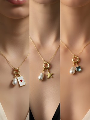 NKT Collection Turkuaz Kalp Deniz Yıldızı Kupa As Incili Kolye