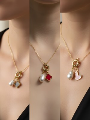 NKT Collection Pembe Kalp Kırmızı Yonca Deniz Yıldızı Incili Kolye