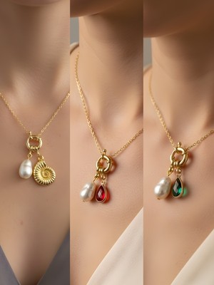 NKT Collection Kırmızı Damla Zümrüt Yeşili Damla Deniz Kabuğu Incili Kolye