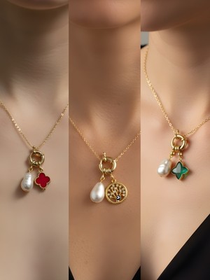 NKT Collection Zümrüt Yeşili Yıldız Hayat Ağacı Kırmızı Yonca Incili Kolye