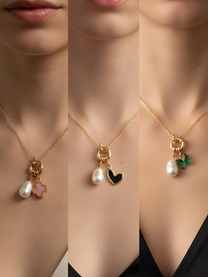 NKT Collection Zümrüt Yeşili Kelebek Siyah Kalp Midye Incili Kolye