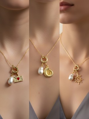 NKT Collection Güneş Deniz Kabuğu Kalpli Zarf Incili Kolye