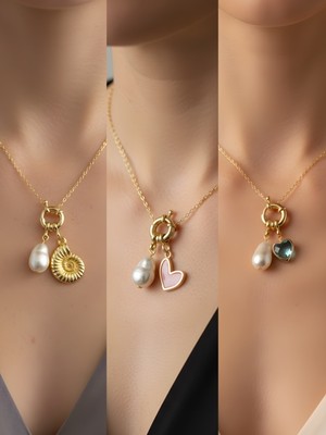 NKT Collection Turkuaz Kalp Pembe Kalp Deniz Kabuğu Incili Kolye