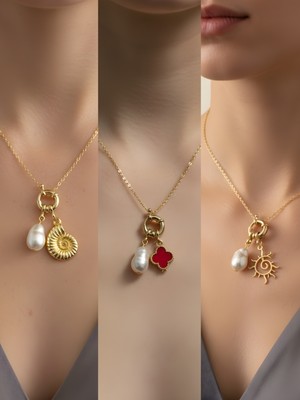 NKT Collection Güneş Deniz Kabuğu Kırmızı Yonca Incili Kolye