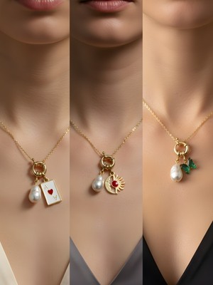 NKT Collection Zümrüt Yeşili Kelebek Ay Güneş Kupa As Incili Kolye