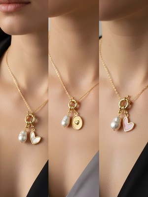 NKT Collection Kabartma Kalp Pembe Kalp Beyaz Kalp Incili Kolye