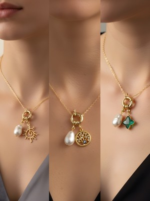 NKT Collection Zümrüt Yeşili Yıldız Hayat Ağacı Güneş Incili Kolye