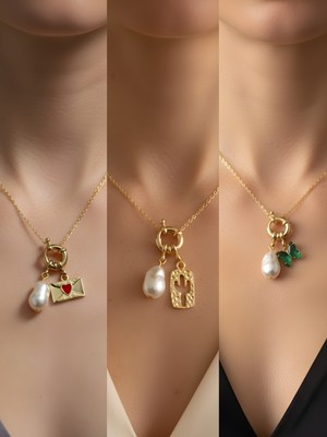 NKT Collection Zümrüt Yeşili Kelebek Kaktüs Ay Güneş Incili Kolye