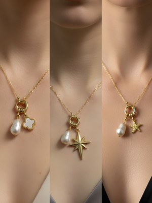 NKT Collection Deniz Yıldızı Kalpli Zarf Ay Güneş Incili Kolye