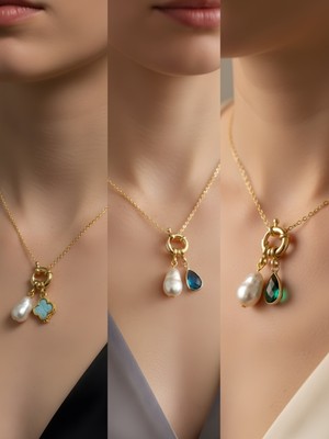 NKT Collection Zümrüt Yeşili Damla Turkuaz Damla Turkuaz Yonca Incili Kolye