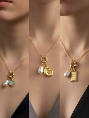 NKT Collection Deniz Kabuğu Külçe Altın Pembe Yonca Incili Kolye