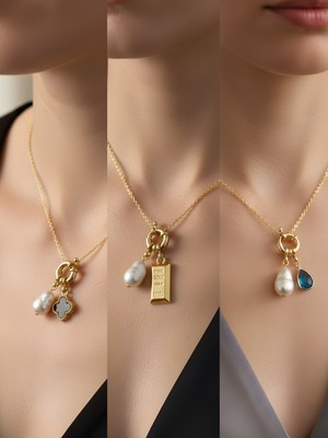 NKT Collection Turkuaz Damla Külçe Altın Siyah Yonca Incili Kolye