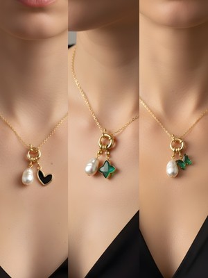 NKT Collection Zümrüt Yeşili Kelebek Zümrüt Yeşili Yıldız Siyah Kalp Incili Kolye