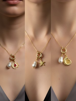 NKT Collection Deniz Kabuğu Deniz Yıldızı Turkuaz Kalp Incili Kolye