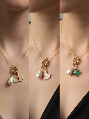 NKT Collection Zümrüt Yeşili Yıldız Pembe Kalp Kalpli Zarf Incili Kolye