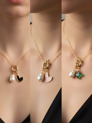 NKT Collection Zümrüt Yeşili Yıldız Pembe Kalp Siyah Kalp Incili Kolye