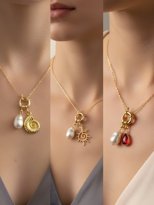 NKT Collection Kırmızı Damla Güneş Deniz Kabuğu Incili Kolye