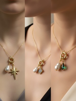 NKT Collection Zümrüt Yeşili Damla Siyah Yonca Kutup Yıldızı Incili Kolye