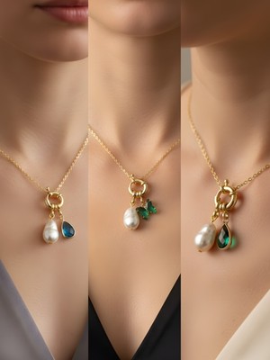 NKT Collection Zümrüt Yeşili Kelebek Zümrüt Yeşili Damla Turkuaz Damla Incili Kolye