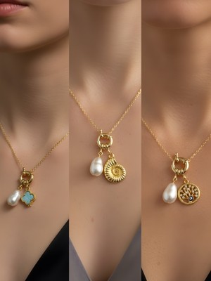 NKT Collection Hayat Ağacı Deniz Kabuğu Turkuaz Yonca Incili Kolye