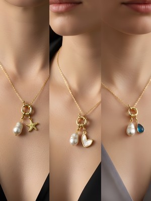 NKT Collection Turkuaz Damla Beyaz Kalp Deniz Yıldızı Incili Kolye