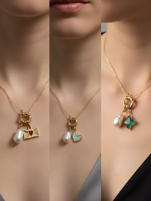 NKT Collection Zümrüt Yeşili Yıldız Kalpli Zarf Turkuaz Kalp Incili Kolye