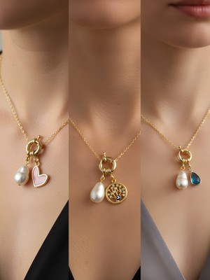 NKT Collection Turkuaz Damla Hayat Ağacı Pembe Kalp Incili Kolye