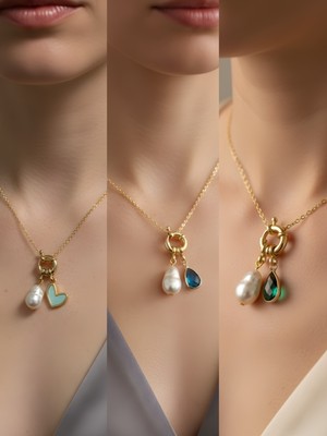 NKT Collection Zümrüt Yeşili Damla Turkuaz Damla Turkuaz Kalp Incili Kolye