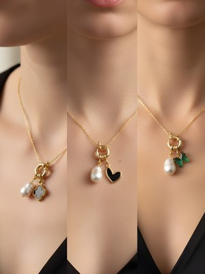 NKT Collection Zümrüt Yeşili Kelebek Siyah Kalp Deniz Yıldızı Incili Kolye