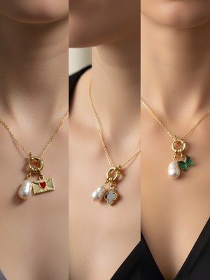 NKT Collection Zümrüt Yeşili Kelebek Siyah Yonca Ay Güneş Incili Kolye