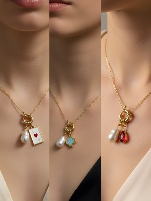 NKT Collection Kırmızı Damla Turkuaz Yonca Turkuaz Kalp Incili Kolye