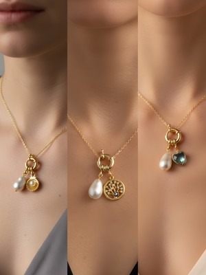 NKT Collection Turkuaz Kalp Hayat Ağacı Pembe Yonca Incili Kolye