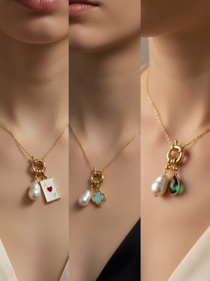 NKT Collection Zümrüt Yeşili Damla Turkuaz Yonca Kupa As Incili Kolye