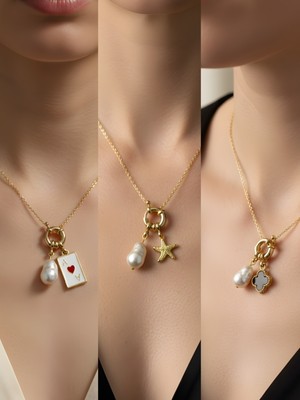 NKT Collection Siyah Yonca Deniz Yıldızı Beyaz Yonca Incili Kolye