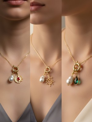 NKT Collection Zümrüt Yeşili Damla Güneş Ay Güneş Incili Kolye