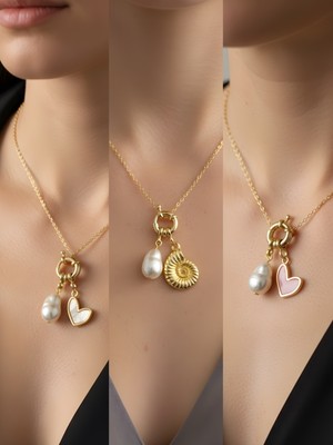 NKT Collection Pembe Kalp Deniz Kabuğu Kaktüs Incili Kolye