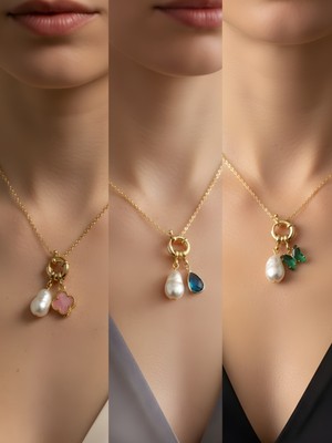 NKT Collection Zümrüt Yeşili Kelebek Turkuaz Damla Pembe Yonca Incili Kolye