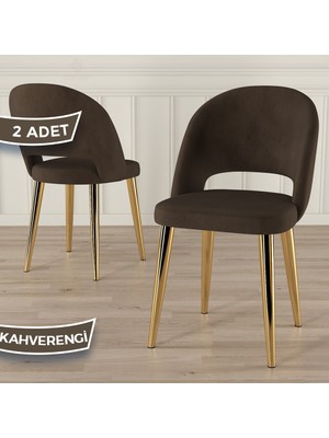 Canisa Pane Serisi 2 Adet Kahverengi Mutfak Sandalyesi Babyface Kumaş Gold Kaplama Ayak
