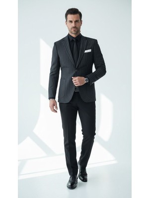 Plus Scorpion Erkek Slim Fit Siyah Çizgili Blazer Ceket | Tek Düğmeli, Çift Yırtmaçlı, Torba Cepli