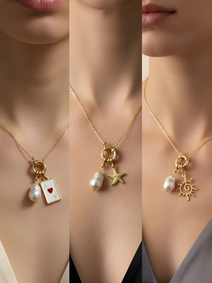 NKT Collection Güneş Deniz Yıldızı Kupa As Incili Kolye