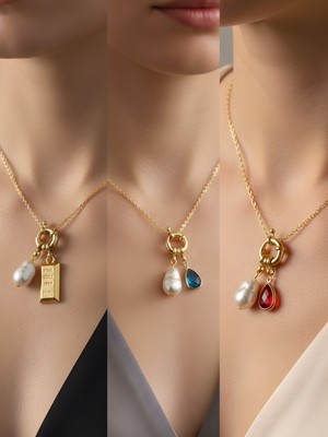 NKT Collection Kırmızı Damla Turkuaz Damla Külçe Altın Incili Kolye