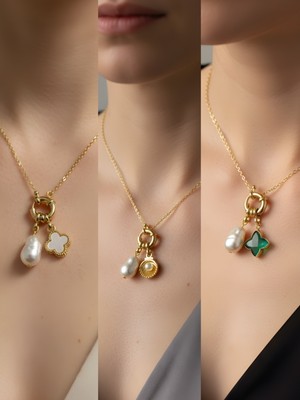 NKT Collection Zümrüt Yeşili Yıldız Midye Beyaz Yonca Incili Kolye