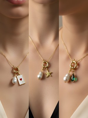 NKT Collection Zümrüt Yeşili Damla Deniz Yıldızı Kupa As Incili Kolye