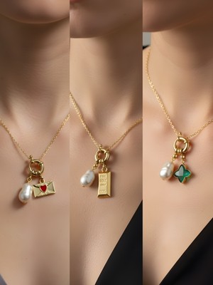 NKT Collection Zümrüt Yeşili Yıldız Külçe Altın Kalpli Zarf Incili Kolye