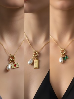 NKT Collection Zümrüt Yeşili Kelebek Külçe Altın Ay Güneş Incili Kolye