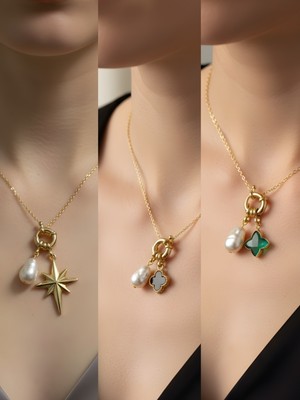 NKT Collection Zümrüt Yeşili Yıldız Siyah Yonca Kutup Yıldızı Incili Kolye