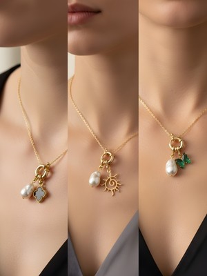 NKT Collection Zümrüt Yeşili Kelebek Güneş Deniz Yıldızı Incili Kolye