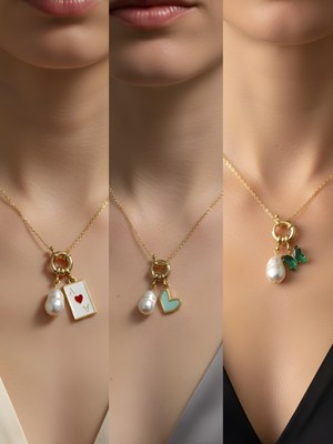 NKT Collection Zümrüt Yeşili Kelebek Turkuaz Kalp Kupa As Incili Kolye